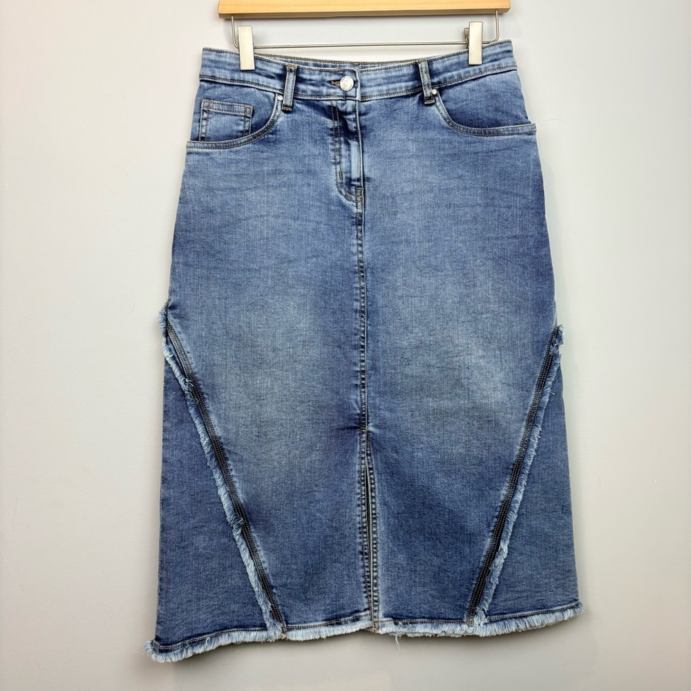 APNY • Fray Hem A-Line Denim Midi Pencil Skirt - Picture 5 of 15